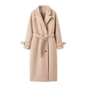 Women Elegant Long Boucle Overcoat Double Breasted Belted Lapel Solid Color Warm Winter Outerwear Jacket