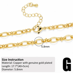 Macro detail of 5.8mm gold-plated copper chain necklace with sizing instructions