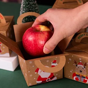 Brown kraft paper Christmas apple gift box with festive reindeer and Santa Claus patterns