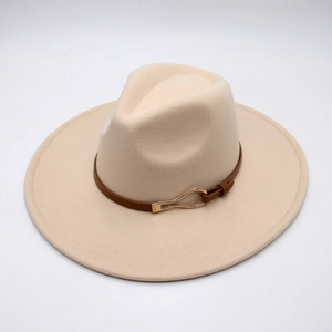 Classic beige wide-brim felt fedora hat featuring a brown leather belt with gold buckle