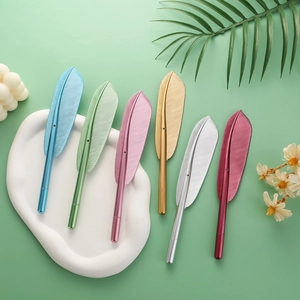 Creative metal feather shaped gel pens in six assorted colors on a mint green background