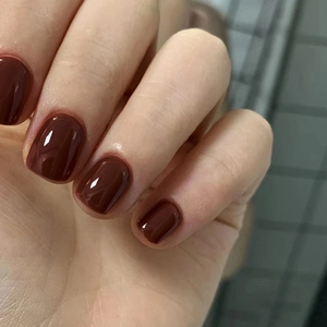 Glossy Press On Nails Red Brown Solid Color Square Round Artificial False Fingernails For Women Elegant Ins Style