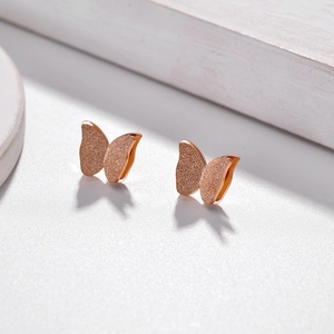 Frosted butterfly stud earrings in rose gold finish with 18k plated stainless steel
