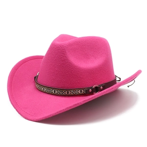 Detail of rose red wool felt cowboy hat with ethnic style braided band and metal buckle