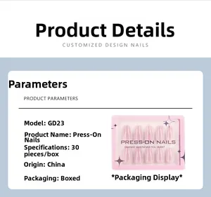 Detail view showing short almond-shaped pink press-on nails with product specifications