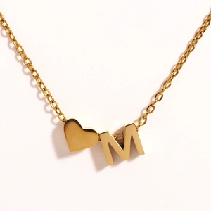 Minimalist 18k gold plated heart and letter M pendant necklace with O-chain link