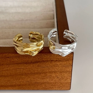 Minimalist S925 sterling silver open rings with irregular wrinkled texture in gold and silver