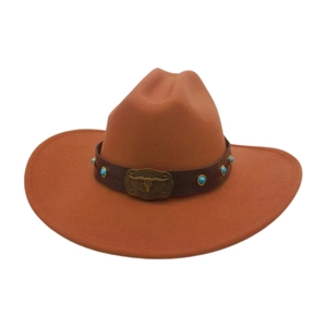 Brown wide brim felt cowboy hat with turquoise leather band and metal bull head buckle