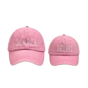 Matching MAMA and MINI embroidered baseball caps in vintage washed pink cotton canvas