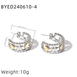 Silver hollow C-shaped hoop earrings with gold heart star and moon charms