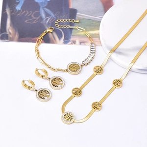 Tree Of Life Jewelry For Women Titanium Steel Gold Plated Herringbone Chain Necklace Bracelet Earrings Rhinestone
