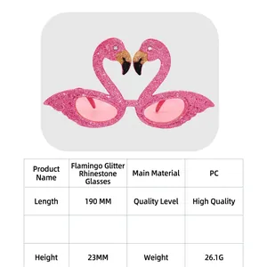Pink glitter flamingo party sunglasses with rhinestone accents for beach costumes