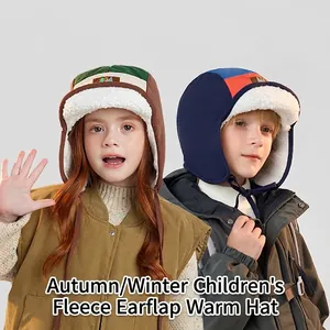 Kids Winter Trapper Hat Faux Lamb Wool Lining Ear Protection Windproof Color Block Outdoor Aviator Cap For Boys Girls