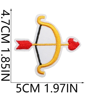 Detailed view of heart and arrow embroidery patch with dimensions 5cm by 4.7cm