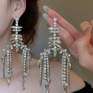 Macro shot of silver tassel earrings with sparkling rhinestones and marquise cut crystals