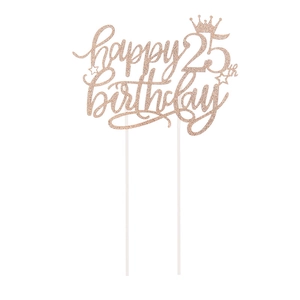 Glitzernder Tortenaufsatz happy 25th birthday in Roségold mit Krone und Sternen