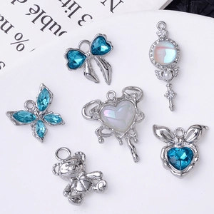 DIY Jewelry Charms Pendants Alloy White Gold Plated Blue Zircon Heart Bow Butterfly Bear Shape For Necklace Earring Making