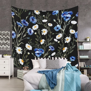 Detailed bedroom scene with floral wall tapestry featuring blue cornflowers on black