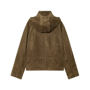 Women's brown faux suede hooded jacket with minimalist stand collar design and clean seams