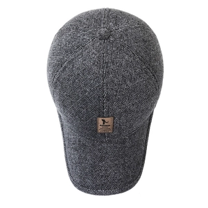 Grey herringbone knit baseball cap for elderly men with earflaps and warm fleece lining