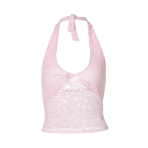 Pink lace halter neck top with front bow detail on a clean white background