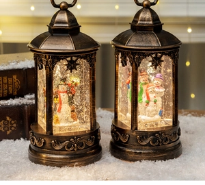 Detail of vintage bronze Christmas lanterns with snowmen and glitter inside