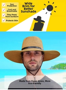 Détail d'un chapeau de paille en papier léger avec ruban noir et cordon ajustable