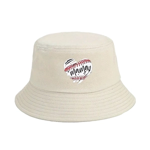 Off-white cotton bucket hat with a red baseball heart and Mama embroidery design