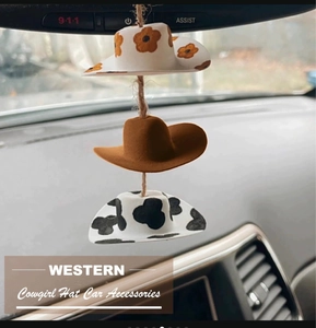 Three-layered western cowgirl hats car mirror hanging accessory with floral and cow patterns
