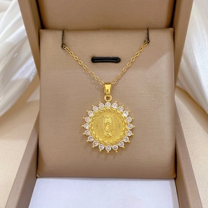 Virgin Mary Portrait Pendant Necklace Gold Stainless Steel Chain Copper Zircon Round Religious Medal