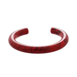 Modern red marble acrylic open bangle bracelet with black smoky swirl pattern on white background