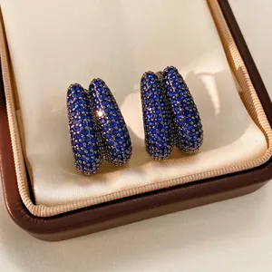 Vintage double-layer U-shaped hoop earrings with blue zircon in a premium gift box