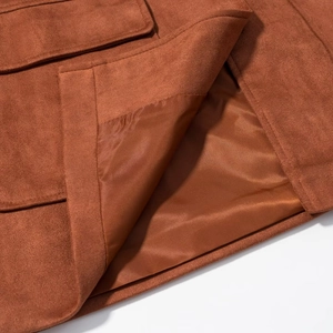Brown faux suede jacket with lapels and smooth inner lining in a high-quality close-up view