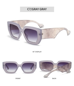 Detailed views of oversized hexagonal grey sunglasses with purple gradient lenses
