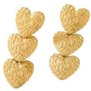 Three-tier layered heart dangle earrings with hammered gold finish for women