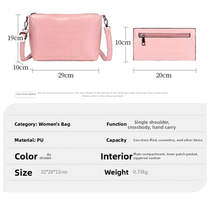 Size guide for pink crocodile pattern PU tote bag set showing bag dimensions and interior structure