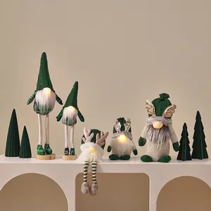 Christmas Gnome Ornaments LED Lighted Faceless Doll Tabletop Decoration Forest Green Nordic Plush Desktop Feather Tree