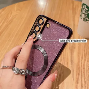 Purple glitter magnetic case for Samsung S21/S22 with built-in camera lens protection