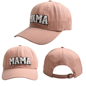 Detailed views of pink MAMA baseball cap showing chenille embroidery and adjustable metal buckle