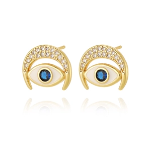 Golden crescent moon and evil eye stud earrings with blue gemstone and diamonds