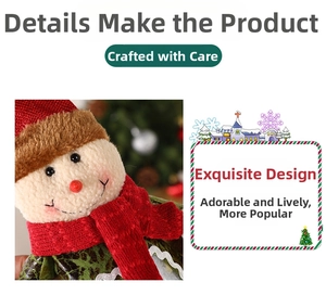 Detail of Christmas plush doll with red knit scarf and felt hat with festive tree background