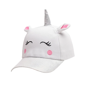 Detail of embroidered unicorn face and silver glitter brim on a white kids baseball cap