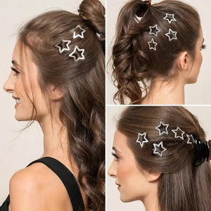Minimalist silver star hair clips shown from multiple angles on a model's hairstyle