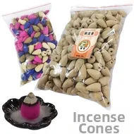 Detailed view of 500g backflow incense cones in tower shape with bulk packaging