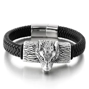 Wolf Head Bracelet Men Stainless Steel Braided Leather Bangle Punk Viking Animal Jewelry With Magnetic Clasp