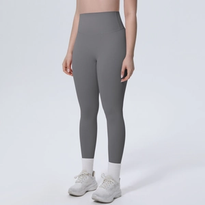 Detail der hoch taillierten dunkelgrauen Yoga-Leggings mit Bauchweg-Effekt Design