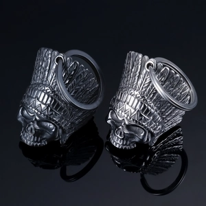 Retro stainless steel Indian skull bell pendant with feather headdress in antique silver