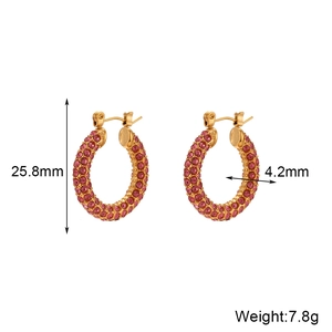 Gold-plated stainless steel hoop earrings with pink zircons and product dimensions