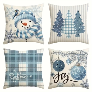 Housses De Coussin De Noël En Lin Décoratives Pour Canapé Décoration Maison Thème Hiver Bonhomme De Neige Arbre Bleu Blanc