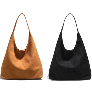 British style faux suede tote bag set in caramel and black with minimalist trapezoid design